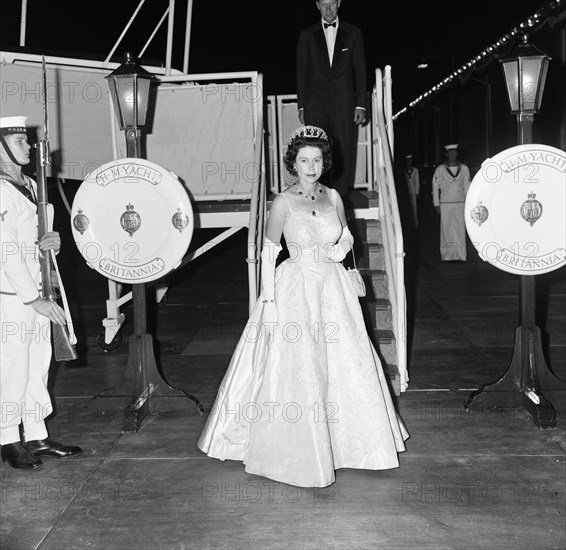 Queen Elizabeth II during her visit to Australia, 18th February to 27th March 1963.
Here she is pictured disembarking from HM Yacht Britannia.