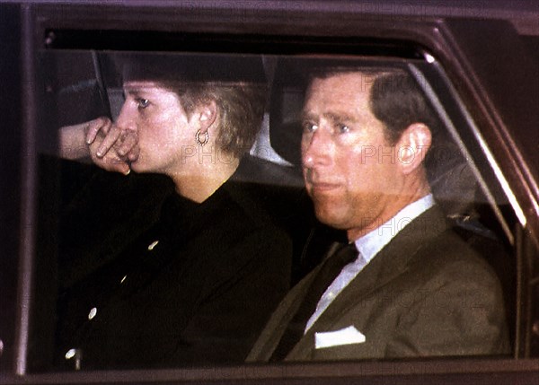 Princess Diana leaving the ski resort of Lech, Austria for home with husband Prince Charles after hearing news of the death of her father Earl Spencer.
30th March 1992.