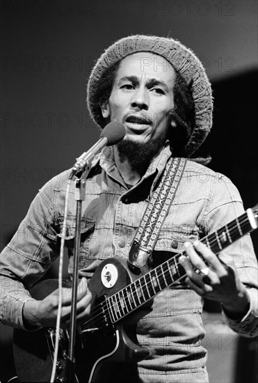 Jamaican singer Bob Marley seen here performing in London. Marley is a quiet and pleasant person, who is devoted to World Peace. The son of a British Army officer who was stationed in Jamaica
21st June 1978.