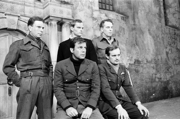 Colditz, Photo-call for new BBC television series, actors pose for the cameras on first day of filming, Ealing Studios, London, 19th June 1972. Pictured, Back Row, Edward Hardwicke as Captain Pat Grant, Christopher Neame as Lieutenant Dick Player, Jack Hedley as Lieutenant Colonel John Preston and Front Row, Robert Wagner as Flight Lieutenant Phil Carrington and David McCallum as Flight Lieutenant Simon Carter.