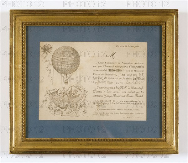 Carton d'invitation pour l'inauguration de l'aérostat France-Russie le 21 octobre 1891