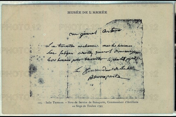 Siège de Toulon. Note de service de Bonaparte, commandant d'artillerie.