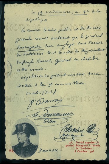 Arrêté appelant le général Bonaparte à l'armée de l'Intérieur pendant la 1ère campagne d'Italie