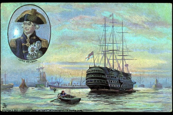 Portrait de l'amiral Nelson et son vaisseau "The Victory" à Portsmouth.