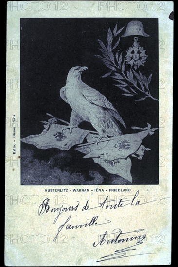 Bataille d'Austerlitz.
Aigle, médaille et drapeaux.