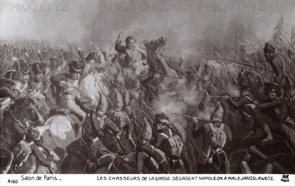 Campagne de Russie : les chasseurs de la garde dégagent Napoléon à Malejaroslawetz.
1812