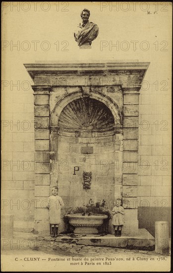 Fontaine et buste du peintre Prud'Hon à Cluny.