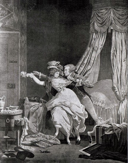 Gravure de Philibert-Louis Debucourt, La rose mal défendue