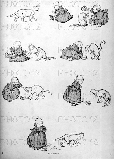 Cats, a fight by Steinlen