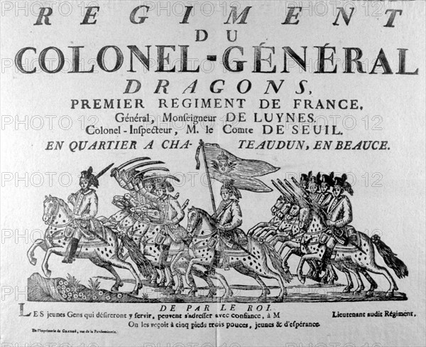 Armée, publicité du XVIIe siècle pour enrôlement dans un régiment