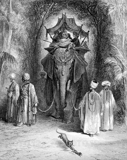 The Rat and the Elephant, La Fontaine's fables, illustration by Gustave Doré