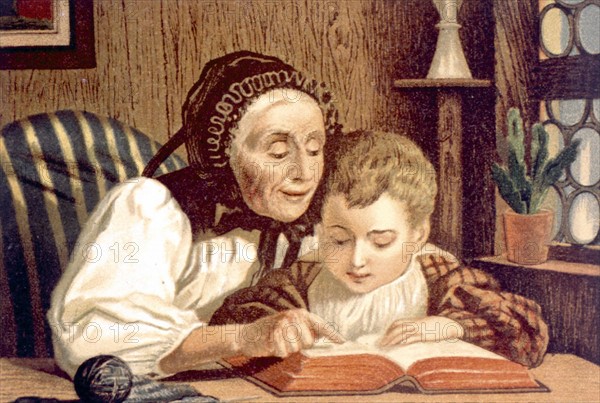 Woman and child reading, by G. Knusli