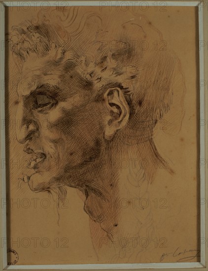 Tête de faune d'après Michel Ange, dessin de Carpeaux