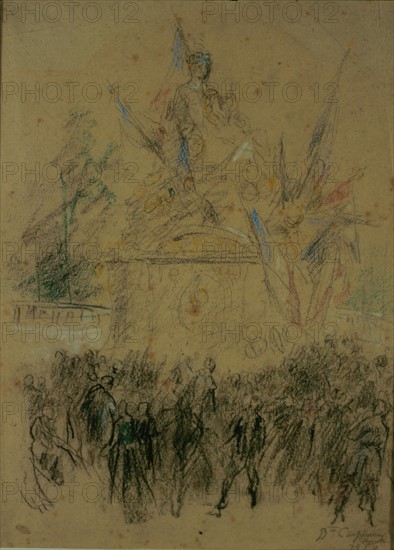 Protest in front of the statue of the city of Strasbourg, drawing by Carpeaux
