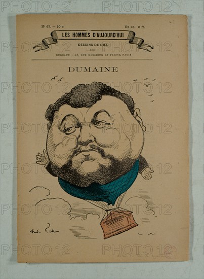Caricature de Gill, l'acteur Dumaine dans 'Le tour du monde en 80 jours' de Jules Verne