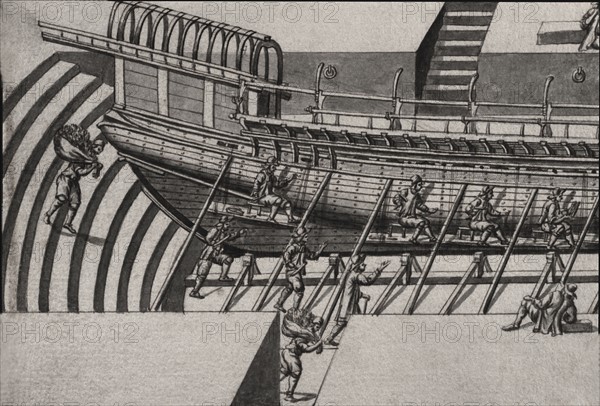 Description géométrique de toutes les pièces qui entrent dans la construction d'une galère, gravure de Debenat