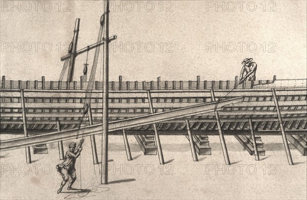 Geometric description of all of the parts included in the construction of a galley, engraving by Debenat