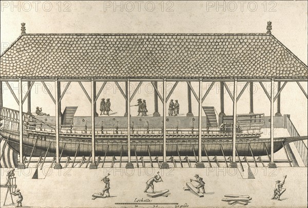 Geometric description of all of the parts included in the construction of a galley, engraving by Debenat