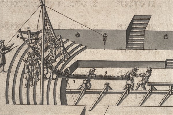 Geometric description of all of the parts included in the construction of a galley, engraving by Debenat