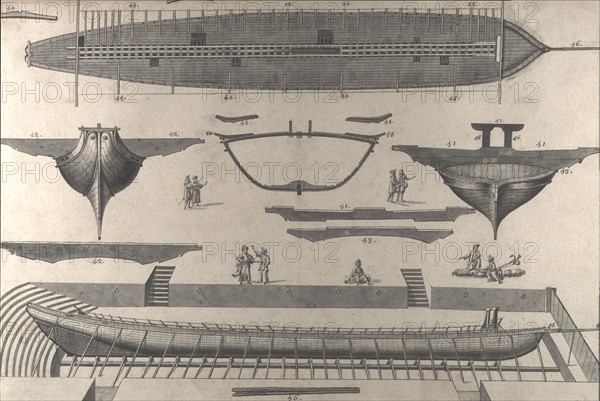 Description géométrique de toutes les pièces qui entrent dans la construction d'une galère, gravure de Debenat