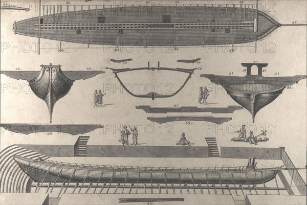 Geometric description of all of the parts included in the construction of a galley, engraving by Debenat