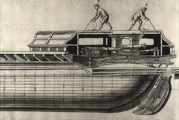 Geometric description of all of the parts included in the construction of a galley, engraving by Debenat