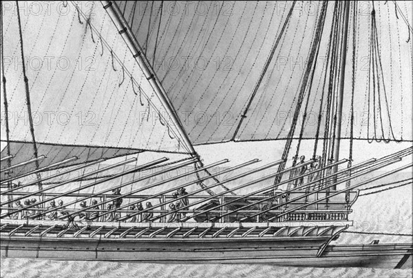 Geometric description of all of the parts included in the construction of a galley, engraving by Debenat