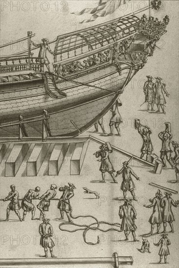 Geometric description of all of the parts included in the construction of a galley, engraving by Debenat