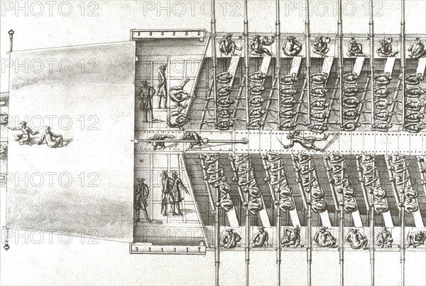 Geometric description of all of the parts included in the construction of a galley, engraving by Debenat