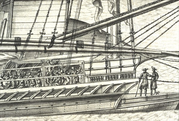 Geometric description of all of the parts included in the construction of a galley, engraving by Debenat