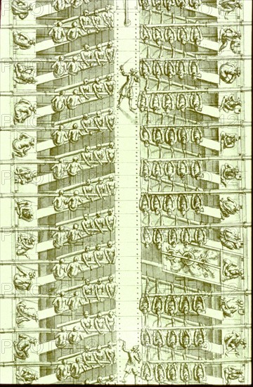 Description géométrique de toutes les pièces qui entrent dans la construction d'une galère, gravure de Debenat