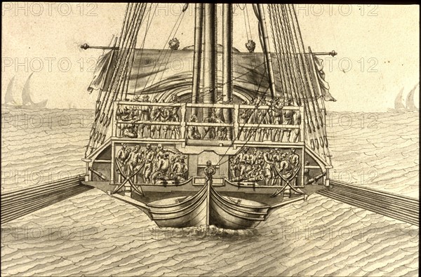 Geometric description of all of the parts included in the construction of a galley, engraving by Debenat