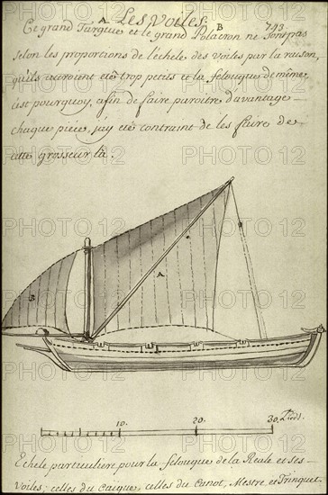 Geometric description of all of the parts included in the construction of a galley, engraving by Debenat