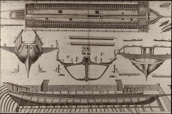 Geometric description of all of the parts included in the construction of a galley, engraving by Debenat