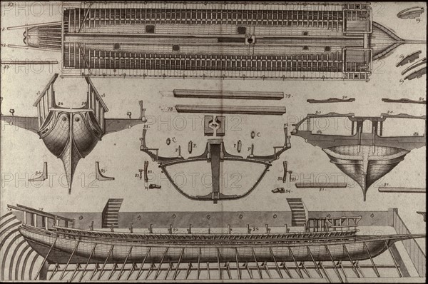 Description géométrique de toutes les pièces qui entrent dans la construction d'une galère, gravure de Debenat