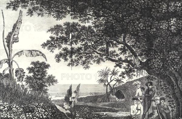 Voyage de James COOK, cérémonie funéraire, gravure de William Hodges