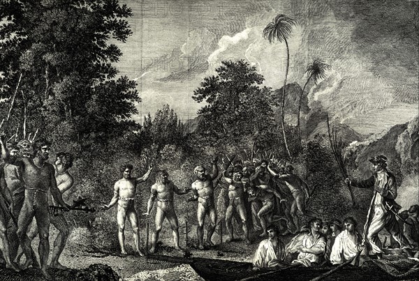 Voyage de James COOK, débarquement du Capitaine Cook, gravure de William Hodges