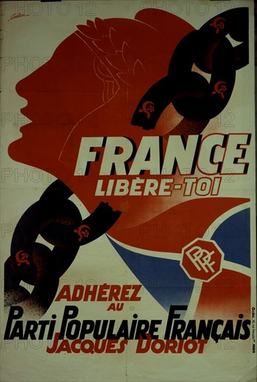 Poster by Coulon : "France free yourself, join the French Popular Party of Jacques Doriot"