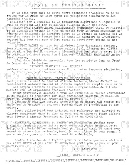 Tract, appel du Général Salan après le putsch militaire