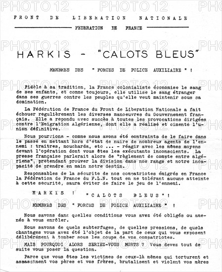 Tract de la Fédération de France du Front de Libération Nationale d'Algérie