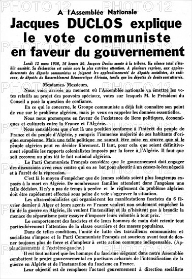 Tract du Parti communiste français expliquant le vote communiste en faveur du gouvernement