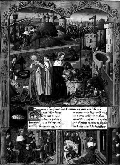 The Book of Faiz by His Grace Saint Louis,
manuscript with the coat-of-arms of Charles VIII: saint Louis having the workers who were massacred by the Saracens in front of Acre buried