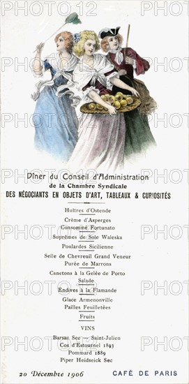 Menu pour le dîner du conseil d'administration de la Chambre syndicale des négociants en objets d'art, tableaux et curiosités