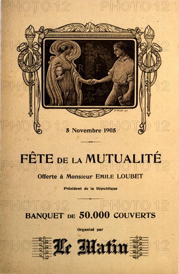 Menu pour le banquet offert à Monsieur Emile Loubet à l'occasion de la fête de la mutualité