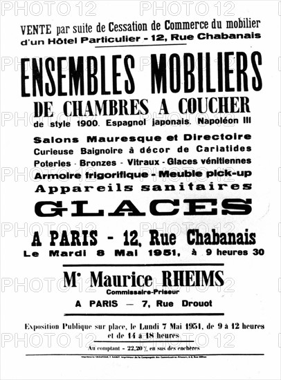 Affiche pour une vente aux enchères de mobilier