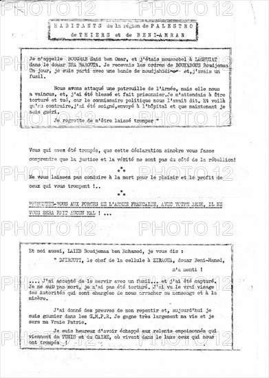 Tract appealing to the fellaghas to surrender to the French army --