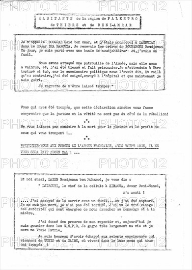 Tract appellant les fellaghas à faire réddition et à se rendre à l'armée française