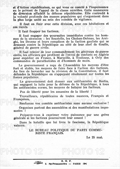 Tract du Parti communiste français après le complot dess généraux