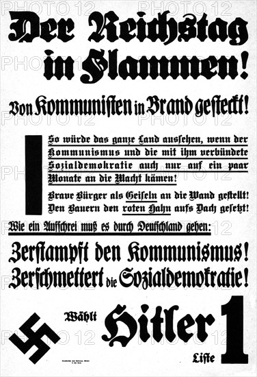 Propaganda poster calling to vote for Hitler after the burning of the Reichstag