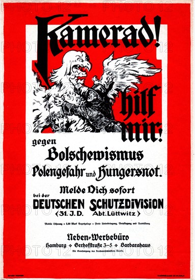 Affiche de propagande antibolchévique avant le traité de Versailles et après la révolution spartakiste